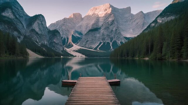Scenic Mountain Lake View with Wooden Dock and Reflections in Tranquil Waters