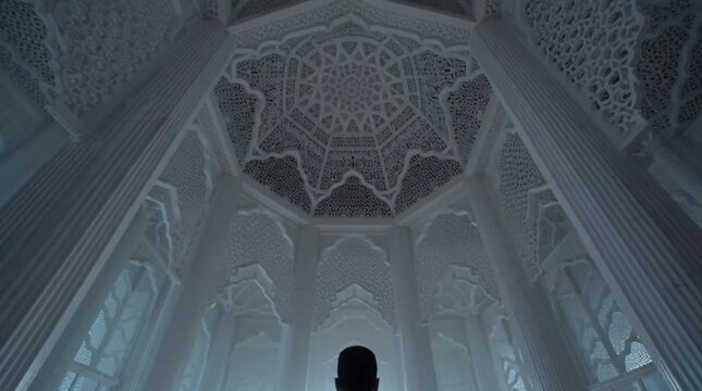 Man praying inside mosque in majestic white architecture