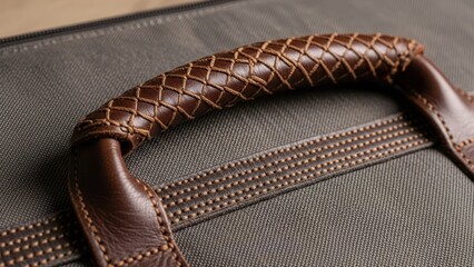 Close-up of textured leather handle on gray fabric bag showing detailed stitching and craftsmanship
