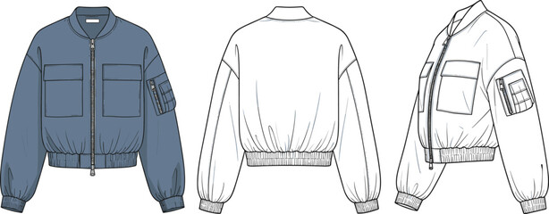 Bomber jacket technical fashion flat with front back side views, rib cuffs pockets zipper details, cad drawing flat vector illustration © Biplob Creatives