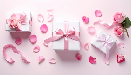 Fototapeta premium Flatlay of white gift boxes with pink ribbons and roses on soft pink background with scattered petals