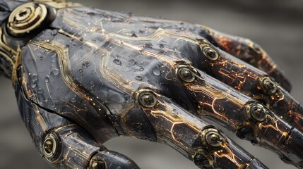Fototapeta premium Futuristic Robotic Hand with Electric Elements and Water Droplets