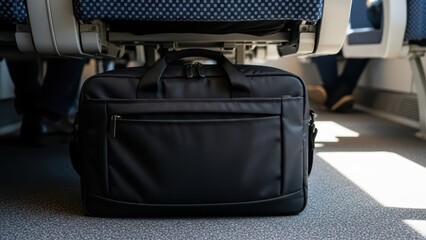 Black laptop bag on train floor under seat in passenger compartment with blue patterned seats and carpet