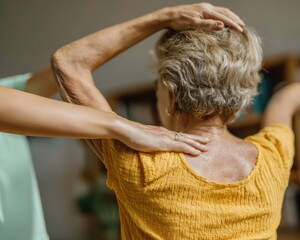 Naklejka premium Senior woman with short gray hair exercising at home, receiving physical therapy and rehabilitation through arm stretching, concept for active and healthy aging