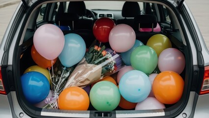 Colorful balloons and flower bouquet arranged in car trunk for celebration or event preparation