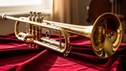 Golden wind instrument rests on velvet with blurred cello