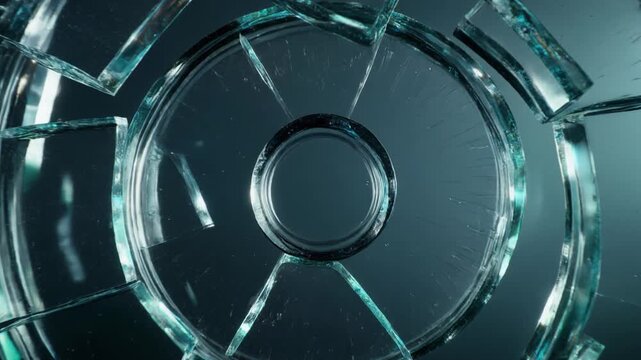 Abstract glass circle ring geometry broken shard spiral pattern dynamic motion, circular pattern glass slice teal light reflection