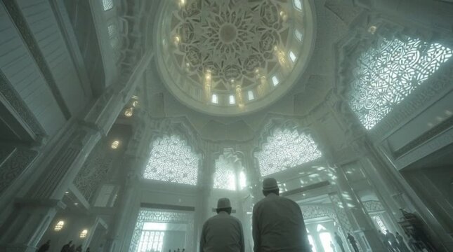 Man praying inside mosque in majestic white marble building