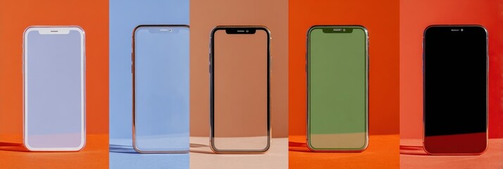 Phone mockup set with transparent screens displaying app templates for advertisement, isolated on studio lighting with modern color accents, front view