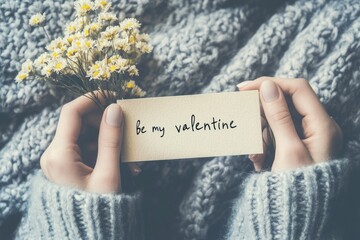 woman hands holding greeting carde with handwritten text be my valentine