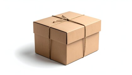 A rectangular cardboard box, secured with twine, sits isolated on a white backdrop