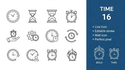 A collection of line icons depicting various time-related symbols on a white background with a blue information panel