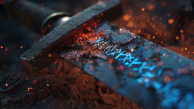 Glowing Sword with Ancient Runes and Particles on Dark Background