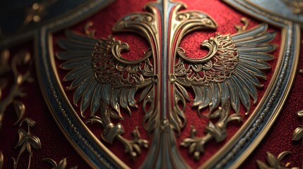 Ornate Shield Design with Gold and Red Detailing and Wings Emblem