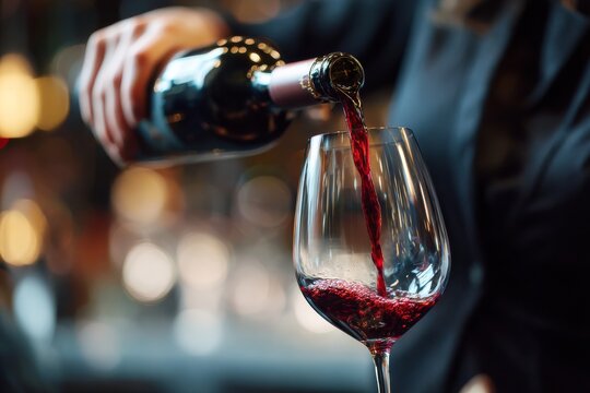 Pouring Wine into Glass: A close-up view capturing the art of pouring red wine, showcasing the elegant flow of the liquid into a pristine glass, evoking a sense of sophistication and celebration. - Powered by Adobe