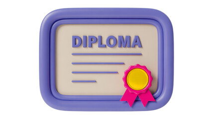 A 3D rendered diploma certificate featuring a soft purple frame and a bright pink and yellow award seal symbolizing academic success and graduation