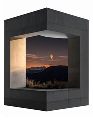 Abstract Structure Framing Scenic View of Mountains and Twilight Sky