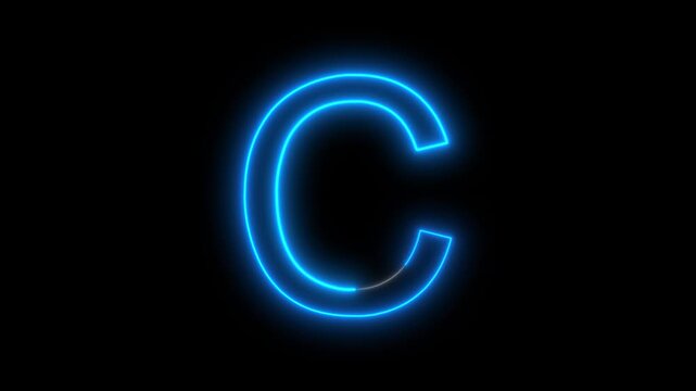 Glowing neon Blue English letter C animation on a black background. Modern neon typography perfect for logo reveals, titles, intros, education, branding, motion graphics, and futuristic designs.