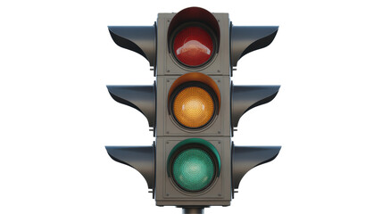 Close up view of a three way traffic light with all three signals red yellow and green illuminated brightly against a stark black background