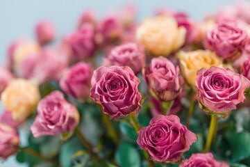 Obraz premium Tightly Packed Pink and Peach Roses in a Lush Floral Arrangement for Romantic Gift Marketing and Anniversary Background with Soft Natural Highlights and Blue Sky Tones