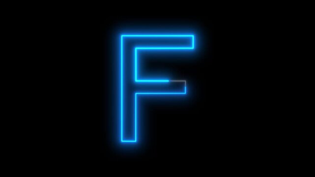 Glowing neon Blue English letter F animation on a black background. Modern neon typography perfect for logo reveals, titles, intros, education, branding, motion graphics, and futuristic designs.