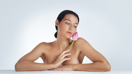 Elegant Woman With Lotus Flower And Graceful Hands In Studio Beauty Shot