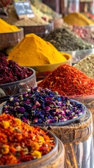 Colorful assortment of aromatic spices overflowing from wooden barrels