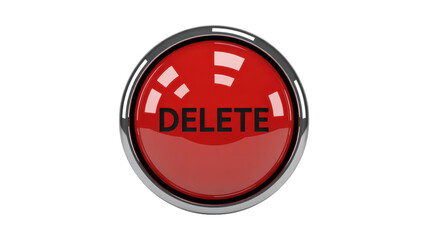 A prominent glossy red circular button with a shiny chrome border features the word DELETE in bold black letters isolated on a stark black background 