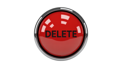 A prominent glossy red circular button with a shiny chrome border features the word DELETE in bold black letters isolated on a stark black background 
