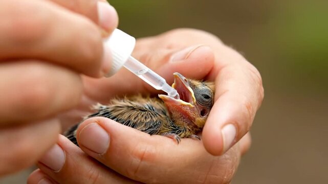 Close Up of Human Hands Carefully Feeding a Vulnerable Baby Bird Using a Dropper Pipette in a Wildlife Rehabilitation Center Setting to Ensure Survival and Healthy Growth
