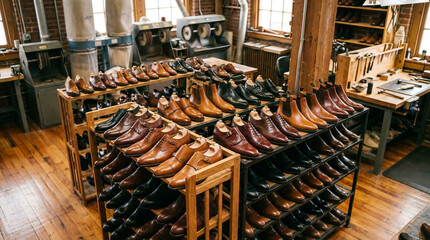 Elegant collection of handcrafted men's leather shoes and boots displayed in a traditional shoemaking workshop. High-quality craftsmanship and classic style