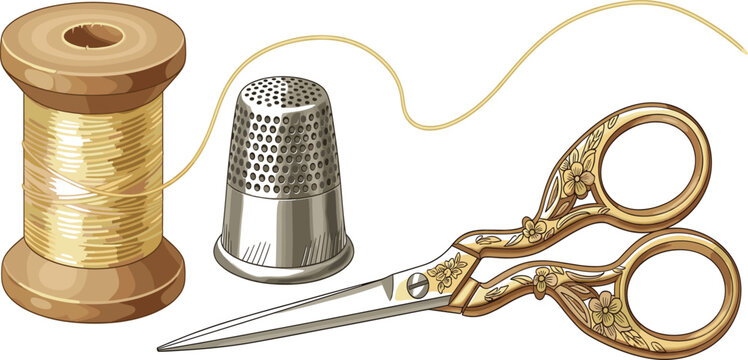 Vintage sewing tools illustration with thread spool, thimble, and ornate embroidery scissors for tailoring and craft projects