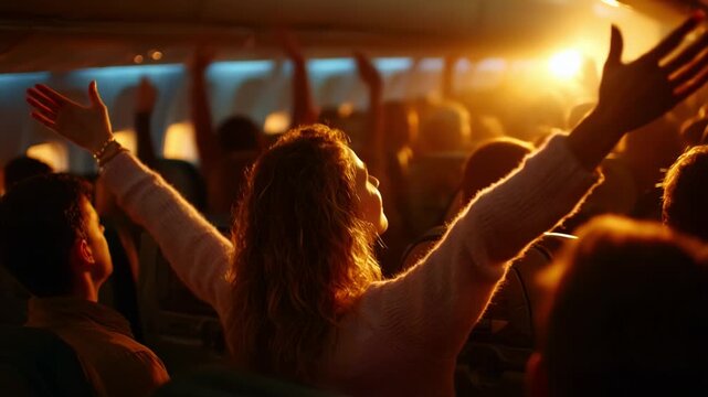 A Moment of Joy and Freedom: Celebrating Life in an Airplane, Captured in the Warm Glow of a Sunset, as Passengers Engage in an Uplifting and Joyous Experience Together During Their Journey