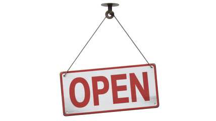 A welcoming white rectangular sign with the word OPEN in bold red letters hangs from a metal hook against a plain black background signifying a busine