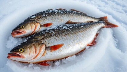 Two freshly caught fish lying on a bed of ice.