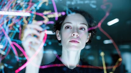 Young Female Manager Writing Creative Mind Map on Transparent Glass Wall in Modern Agency Office for Strategic Planning and Collaborative Business Problem Solving