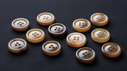 Assorted brown and beige sewing buttons on black fabric surface in various arrangements