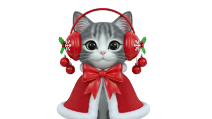 Cute kitten wearing Christmas headphones and a red cape