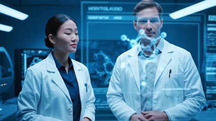 Diverse Male and Female Scientists in White Lab Coats Collaborating and Interacting with a High-Tech 3D Holographic Molecular Model for Pharmaceutical Research in a Modern Laboratory - Powered by Adobe