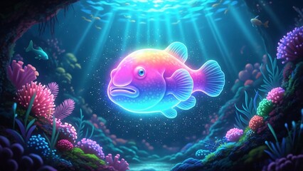 Surreal Underwater Fantasy with Neon Glowing Blobfish Ethereal Particles Dreamy Fine Art Scene