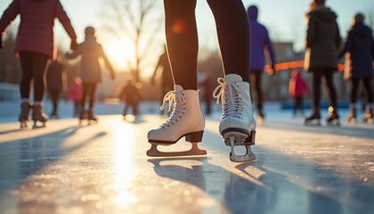 Close-up of legs in skates on ice, ice rink
