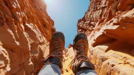 Point of view looking up from hiking boots at the towering orange sandstone walls of a narrow slot canyon in the desert
