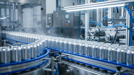 Rows of shiny aluminum beverage cans move swiftly along an automated conveyor belt in a modern industrial factory setting