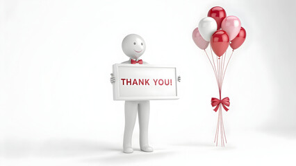 A charming 3d character with a red bow tie holds a 'thank you' sign beside festive balloons