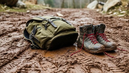 Muddy hiking boots and green backpack on dirt pathway in outdoor adventure setting