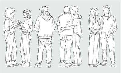 Minimal line art illustration of diverse young people talking, hugging, standing together, modern social interaction lifestyle vector design for projects