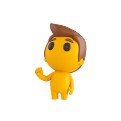 Naklejka premium Cute 3D render Little Boy character raising one fist with confidence, head held high and looking upward, strong and determined pose, isolated on white background.