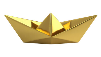 Elegant golden metallic origami paper boat displayed on a deep black background Its reflective surface shines brightly under studio lighting