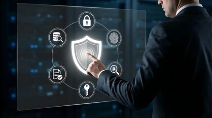 Corporate professional activating advanced data encryption security protocols on transparent futuristic display