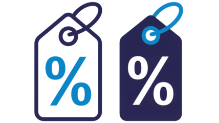 Two modern digital price tag icons with percentage symbols on a dark background representing sales discounts promotions and special offers